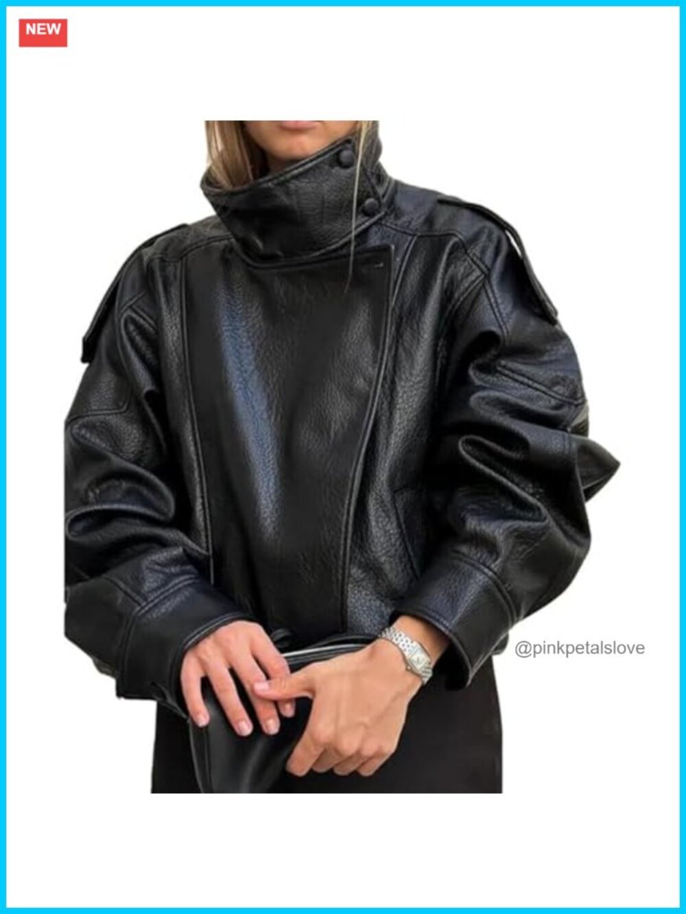 Faux Leather Jacket Stand Collar Oversize Zip Up Motorcycle Cropped Jacket